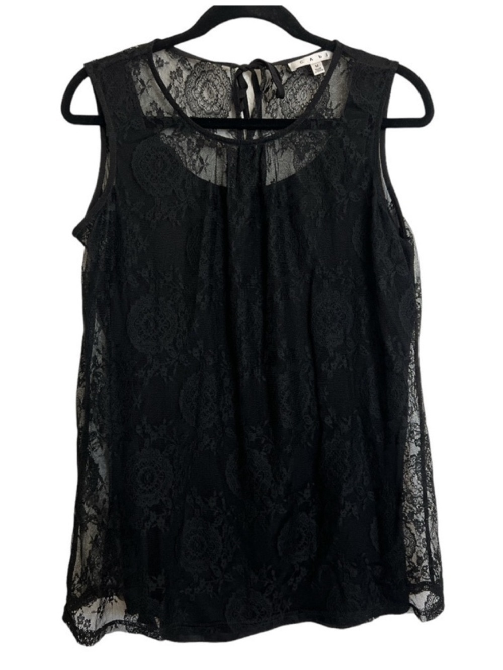 CAbi Black Lace Sleeveless Blouse Sheer Floral Overlay Tie Back Top